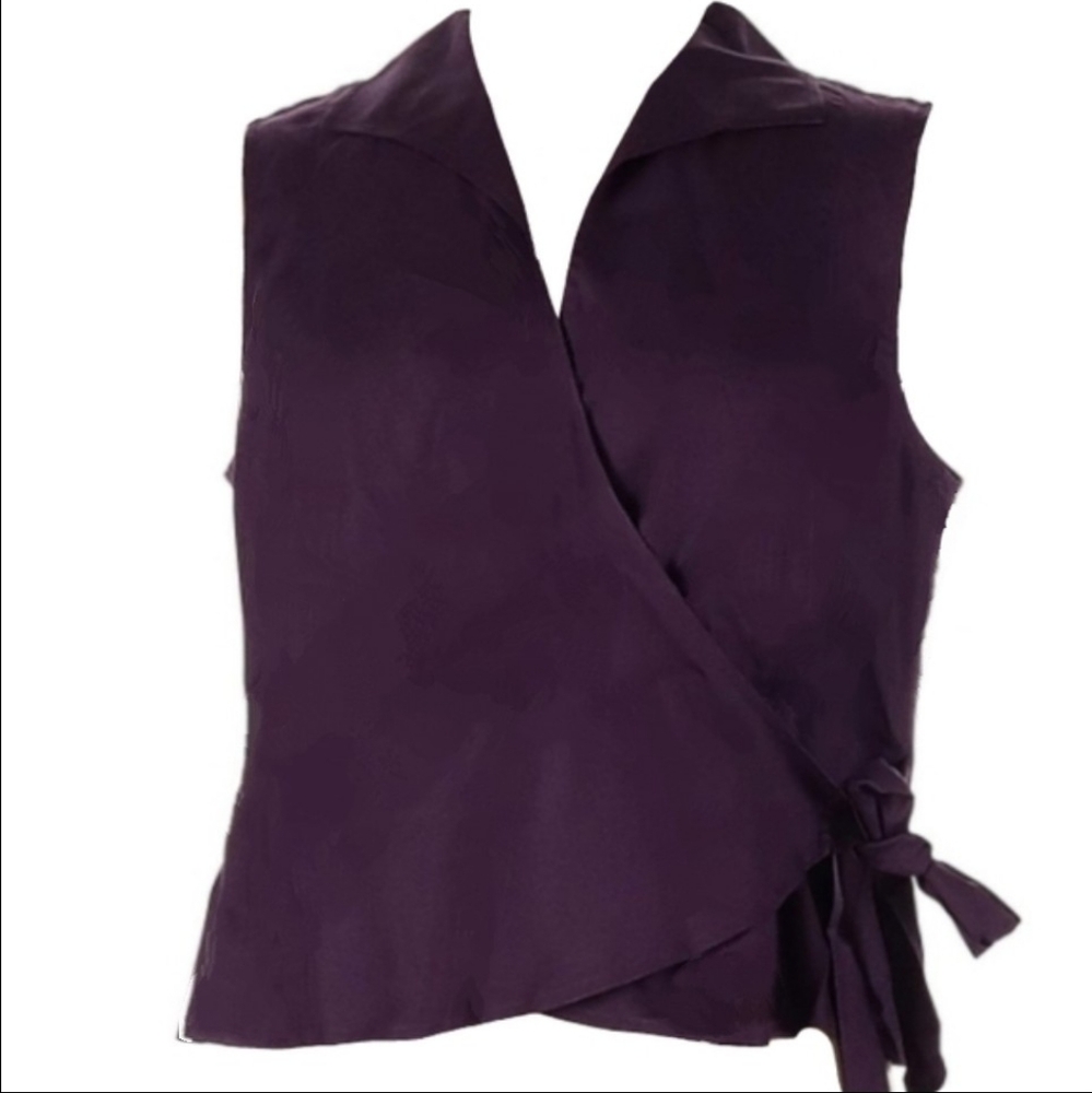 Silk Purple Wrap Blouse Waist Tie Eggplant Blackberry Kate Hill Sleeveless Top M - Picture 5 of 5
